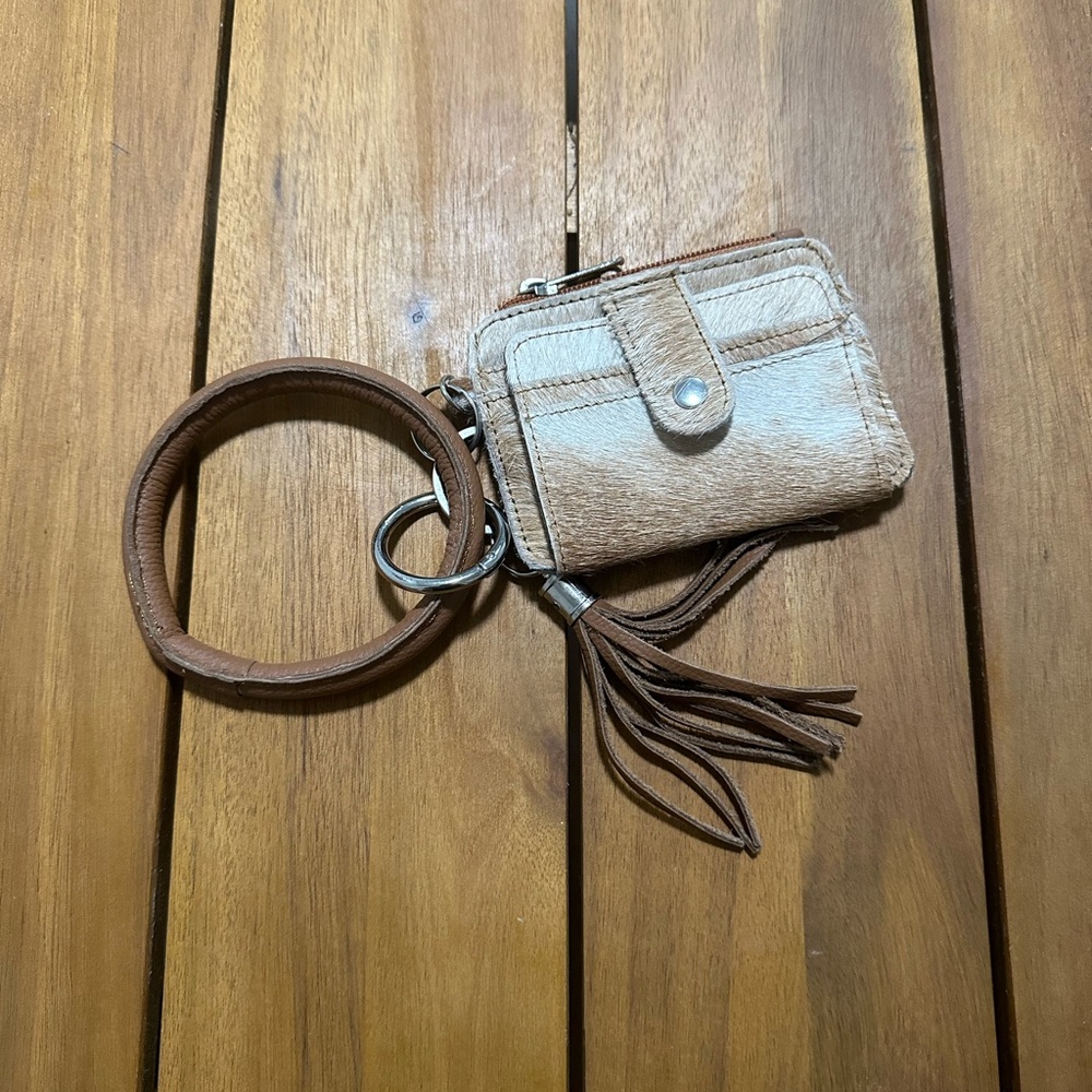 Cowhide Leather Wristlet Keychain Wallet with Tassel Card Holder & Coin Purse